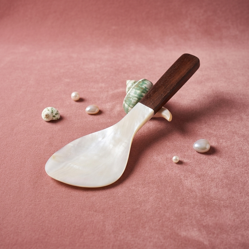 A wooden and mother-of-pearl serving spoon with a dark brown handle and an off-white pearlescent bowl, styled on a dusty pink background with seashells.